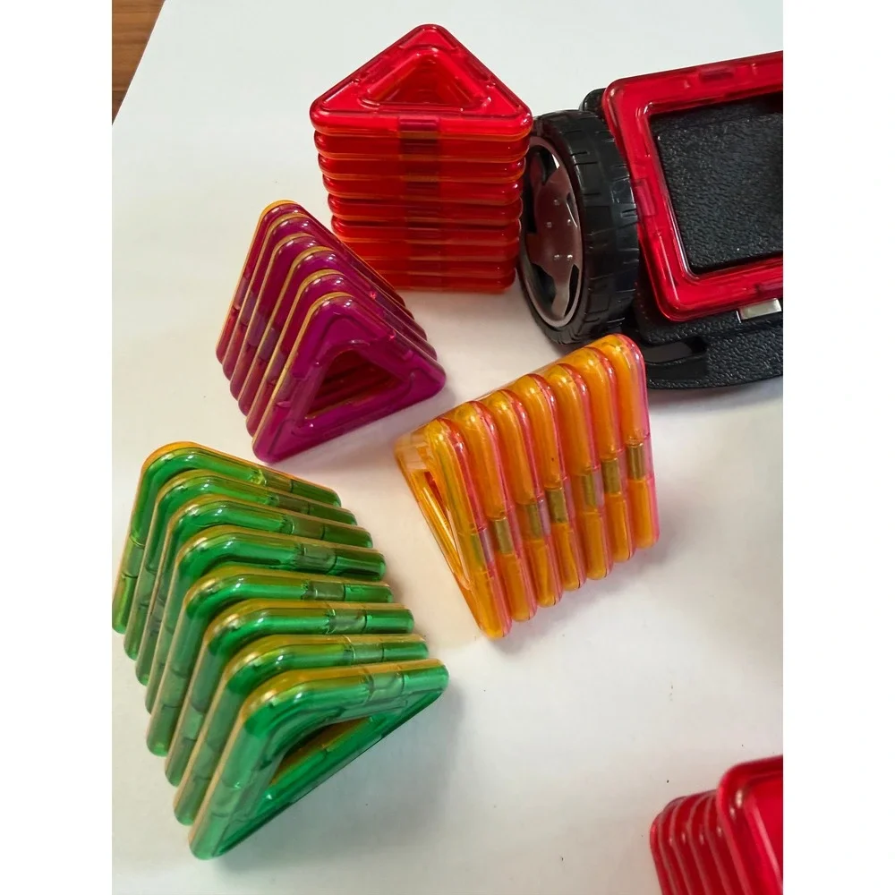 Lot of Magnetic Building Tiles Multicolor 74 Pieces Plus Wheels Square Triangles